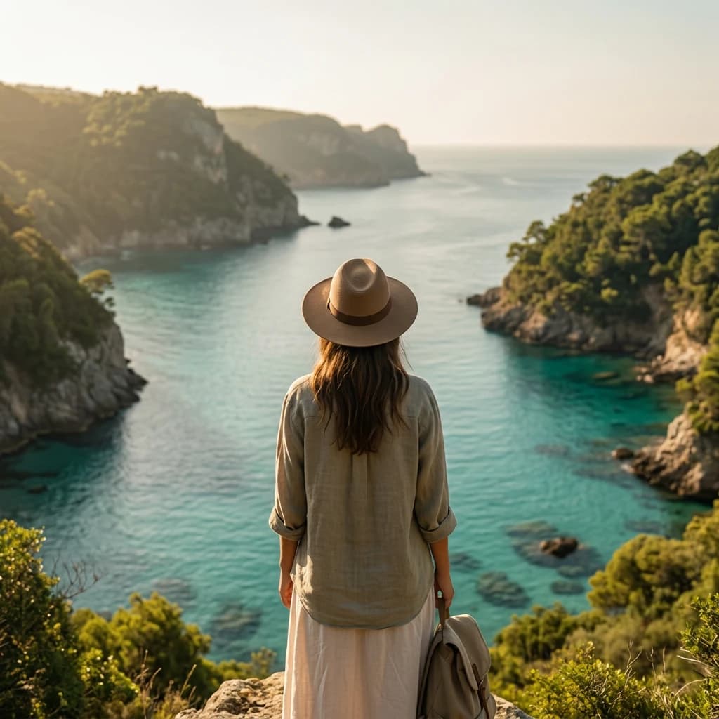 A serene bay at golden hour where land meets quiet sea