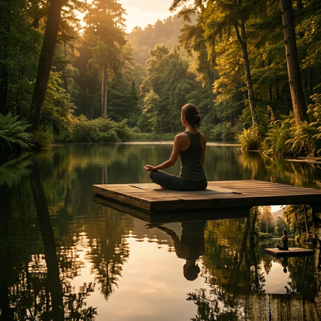 A solitary figure in meditation beside a still mountain lake
