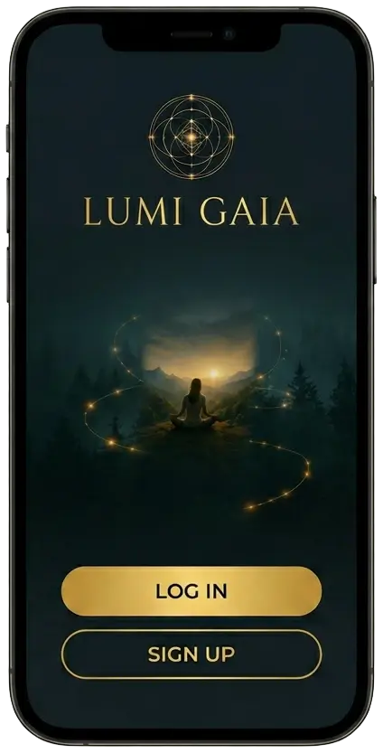 Ecrã de boas-vindas da aplicação Lumi Gaia com o emblema dourado de lótus